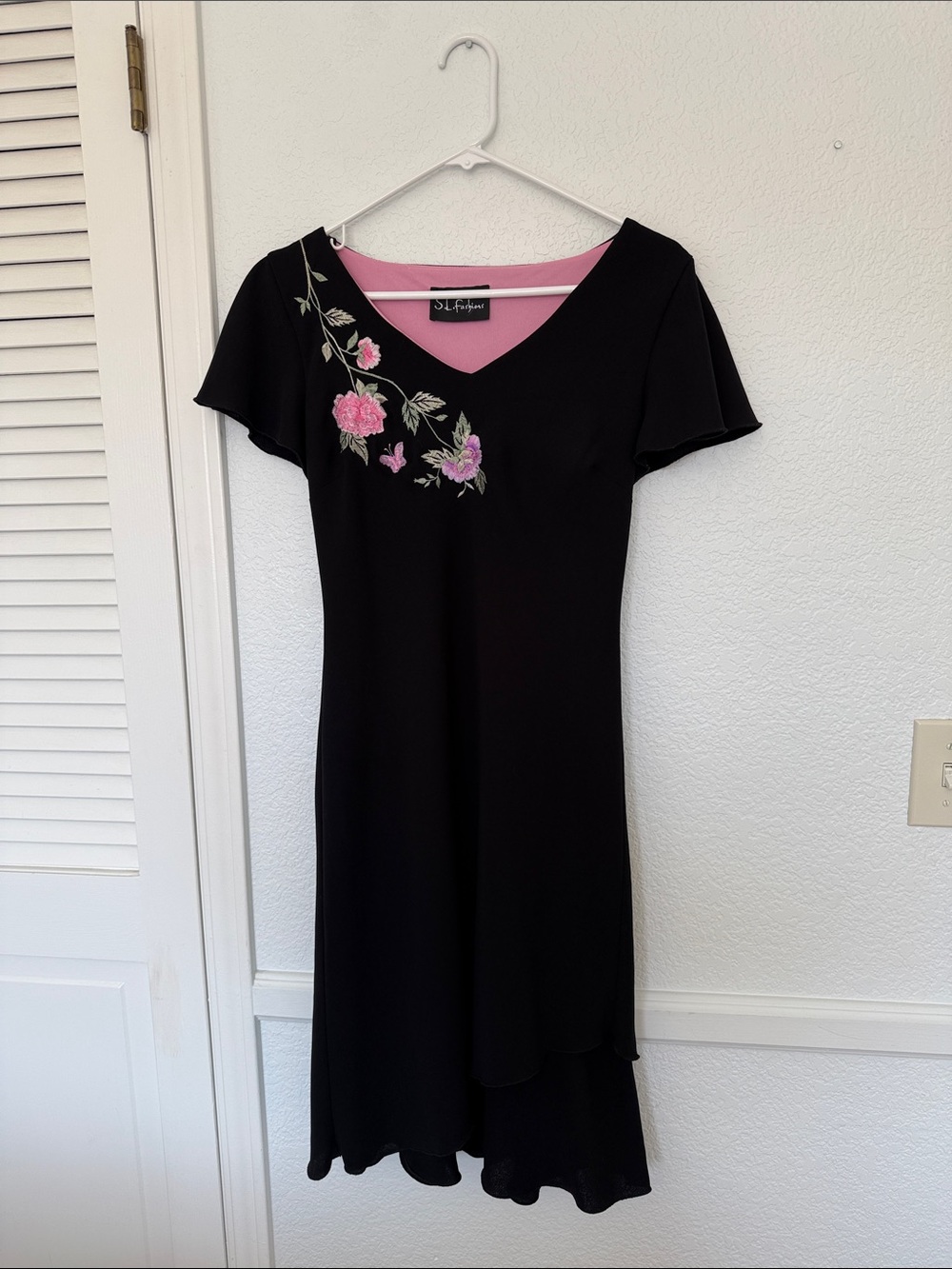 S.L. Fashions Black Midi Dress with Pink Floral Embroidery